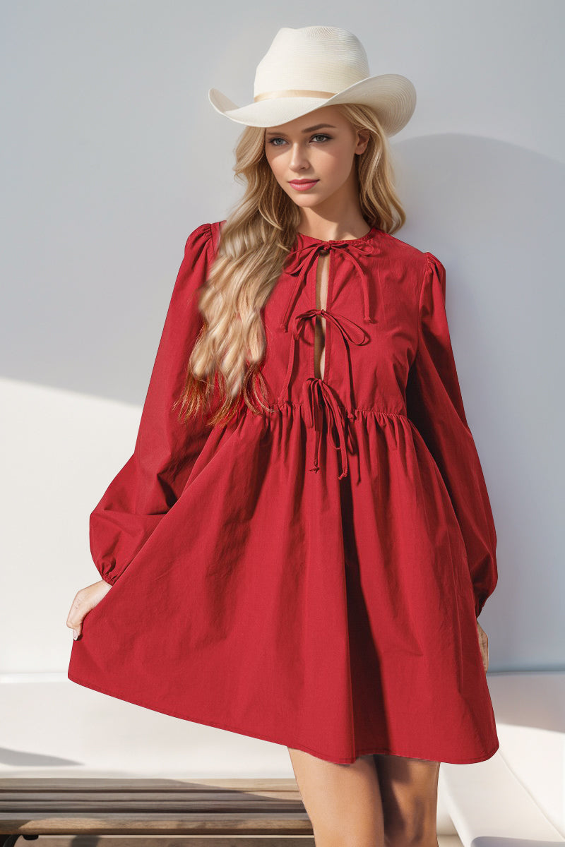 Double Take Christmas Front Tied Long Sleeve Mini Dress – Perfect Little Peach