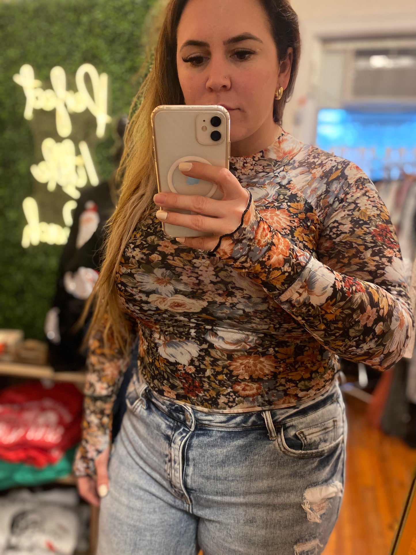 Floral Semi-Sheer Mesh Top