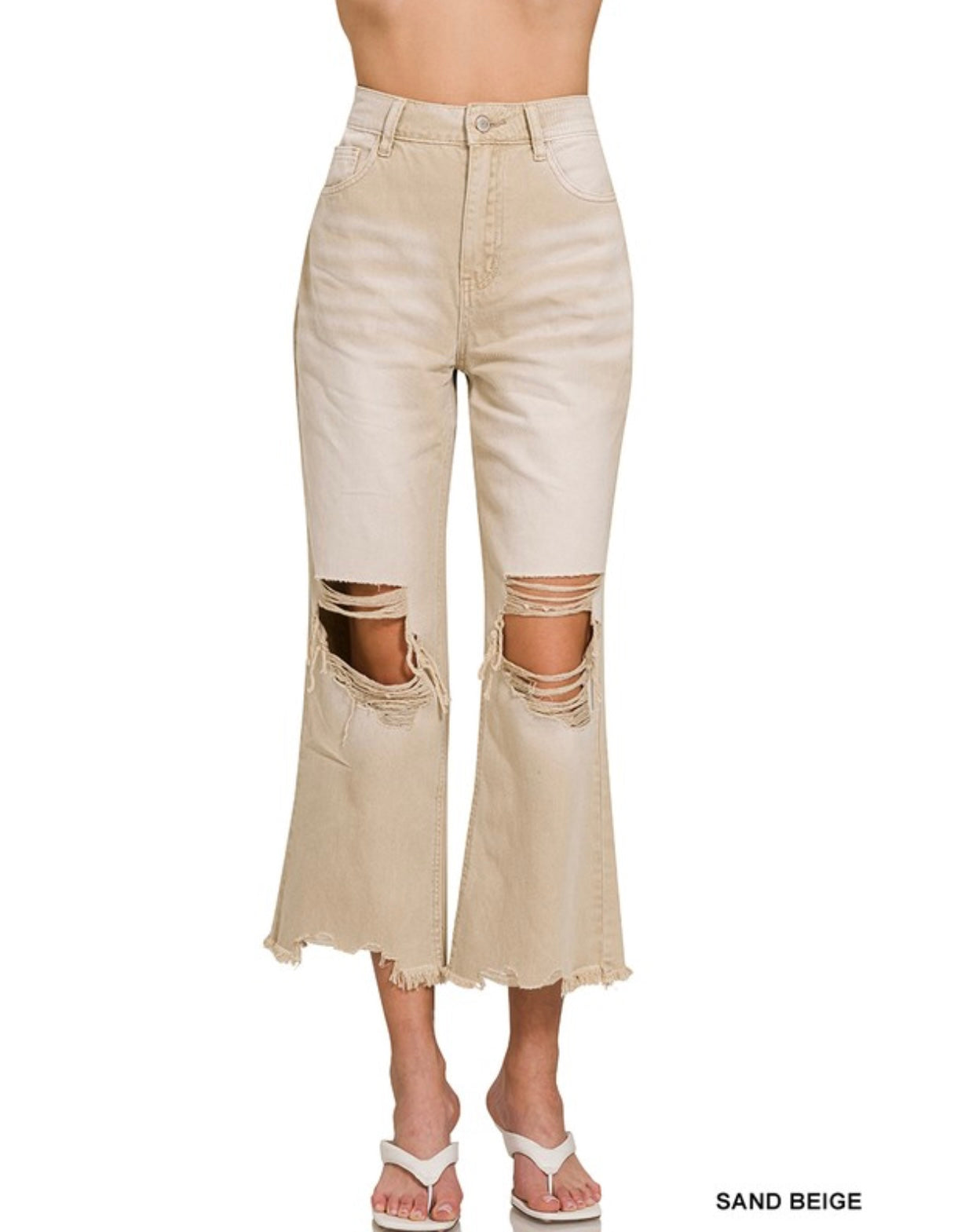 Washed Distressed Knee Cropped Jeans