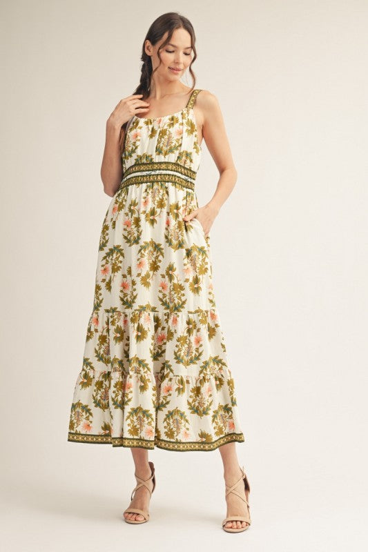 Strap tiered floral midi dress