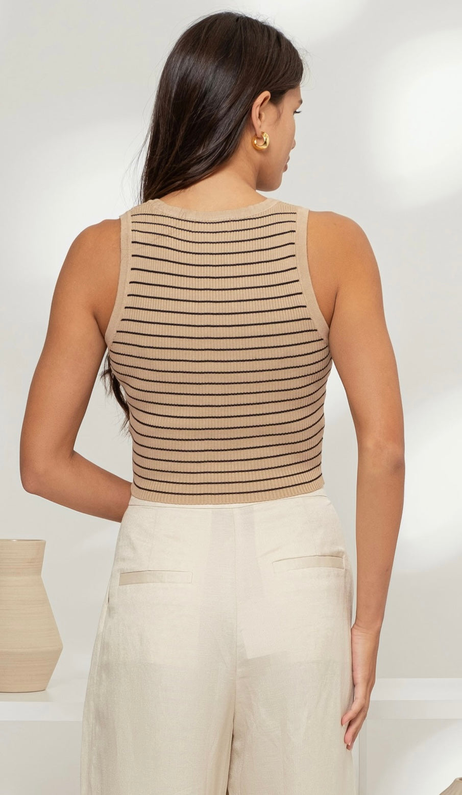 Stripe Sleeveless Henley Knit Crop Top