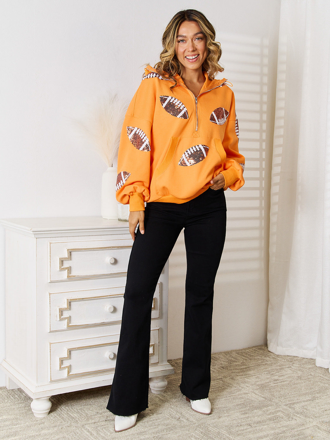 Orange Sequin Football Half zip