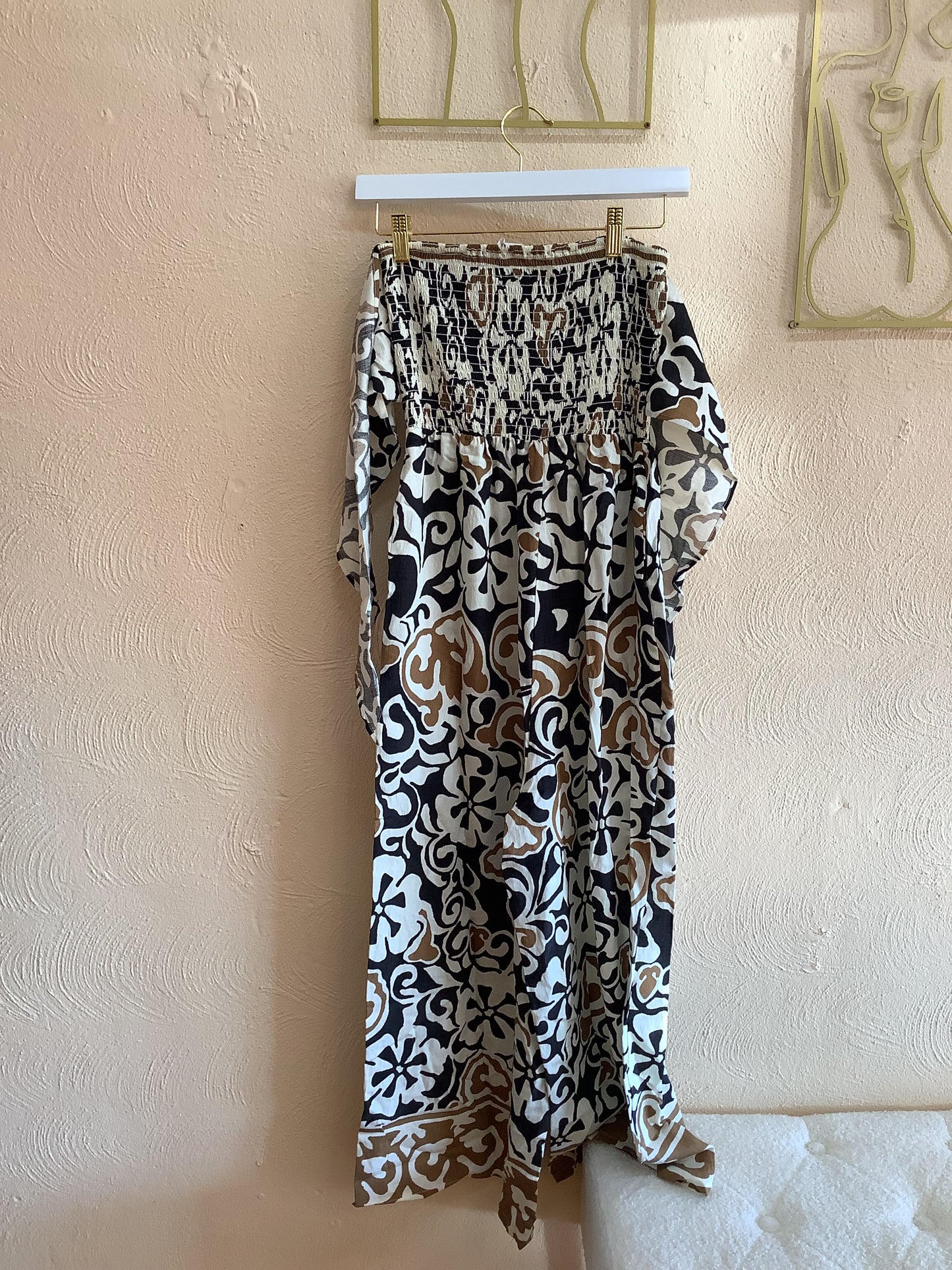 Printed strapless smocked jumpsuit
