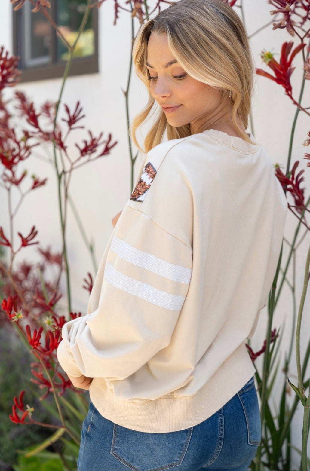 Sequin Embellished Football Crewneck