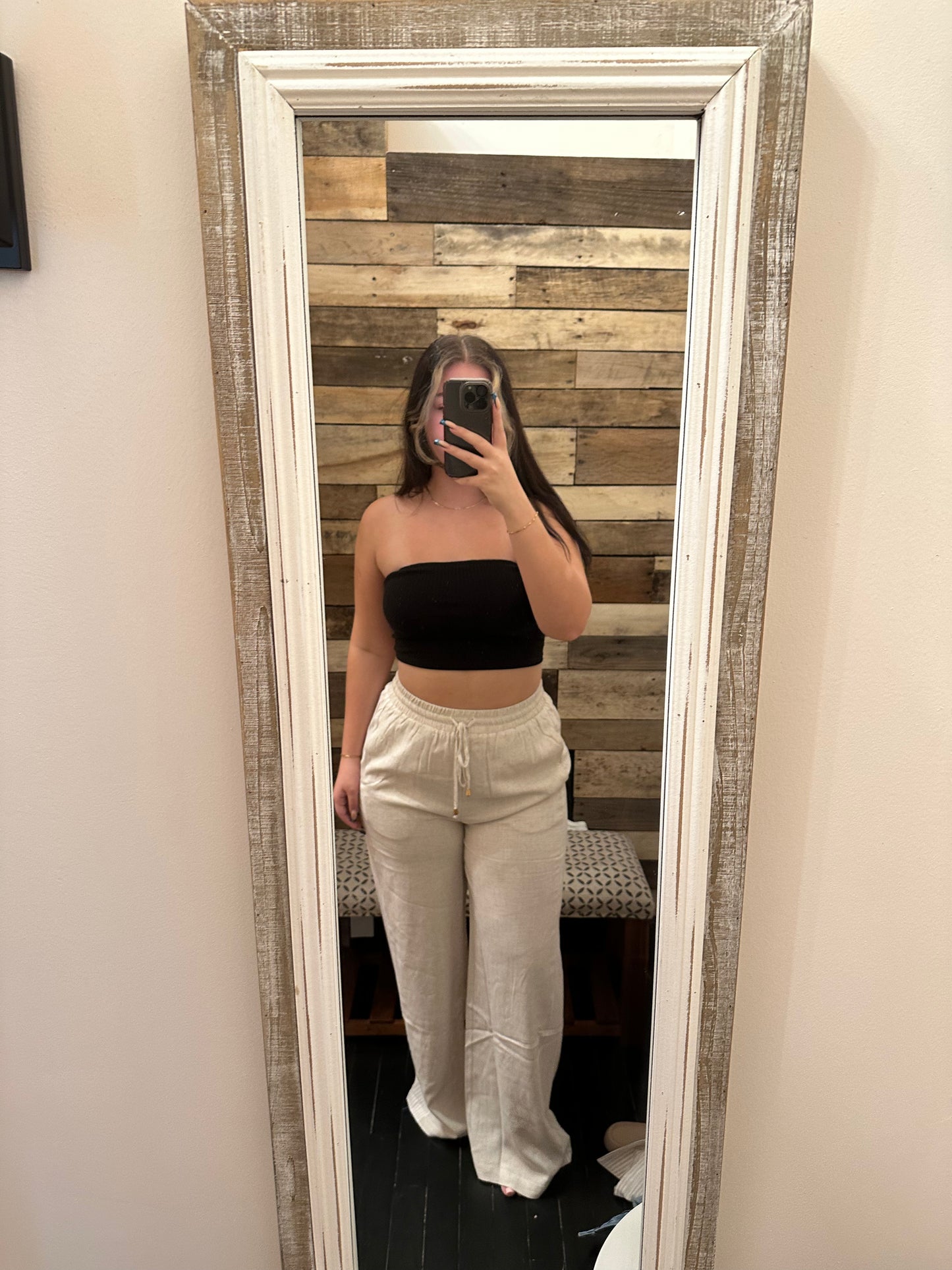 Colorblock Linen Blend Drawstring Pants
