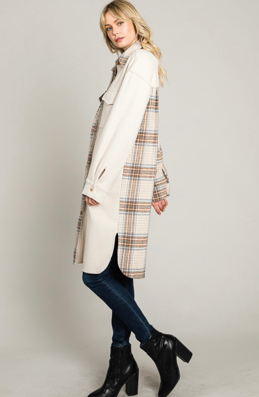 Soft Corduroy and Plaid Long Shacket