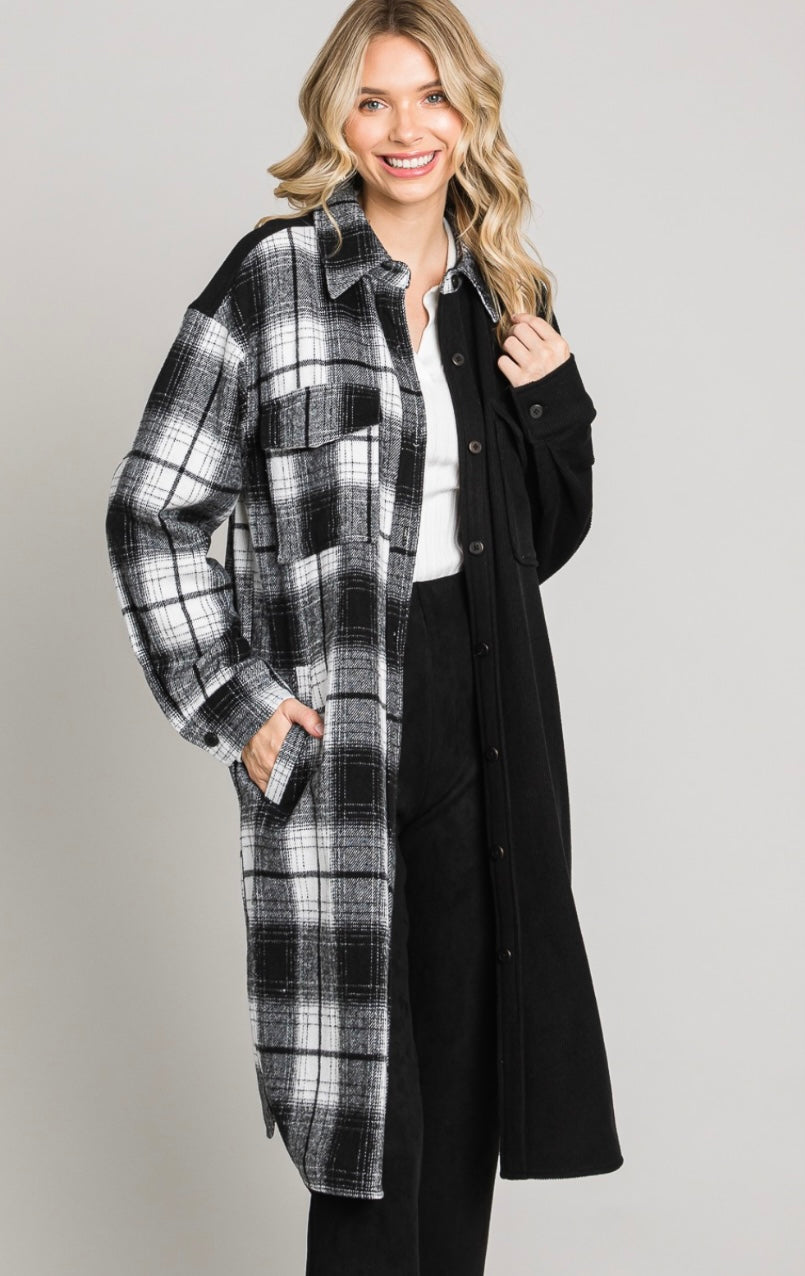 Soft Corduroy and Plaid Long Shacket