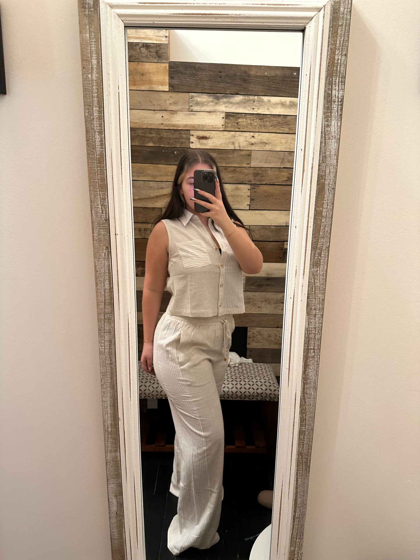 Colorblock Linen Blend Drawstring Pants