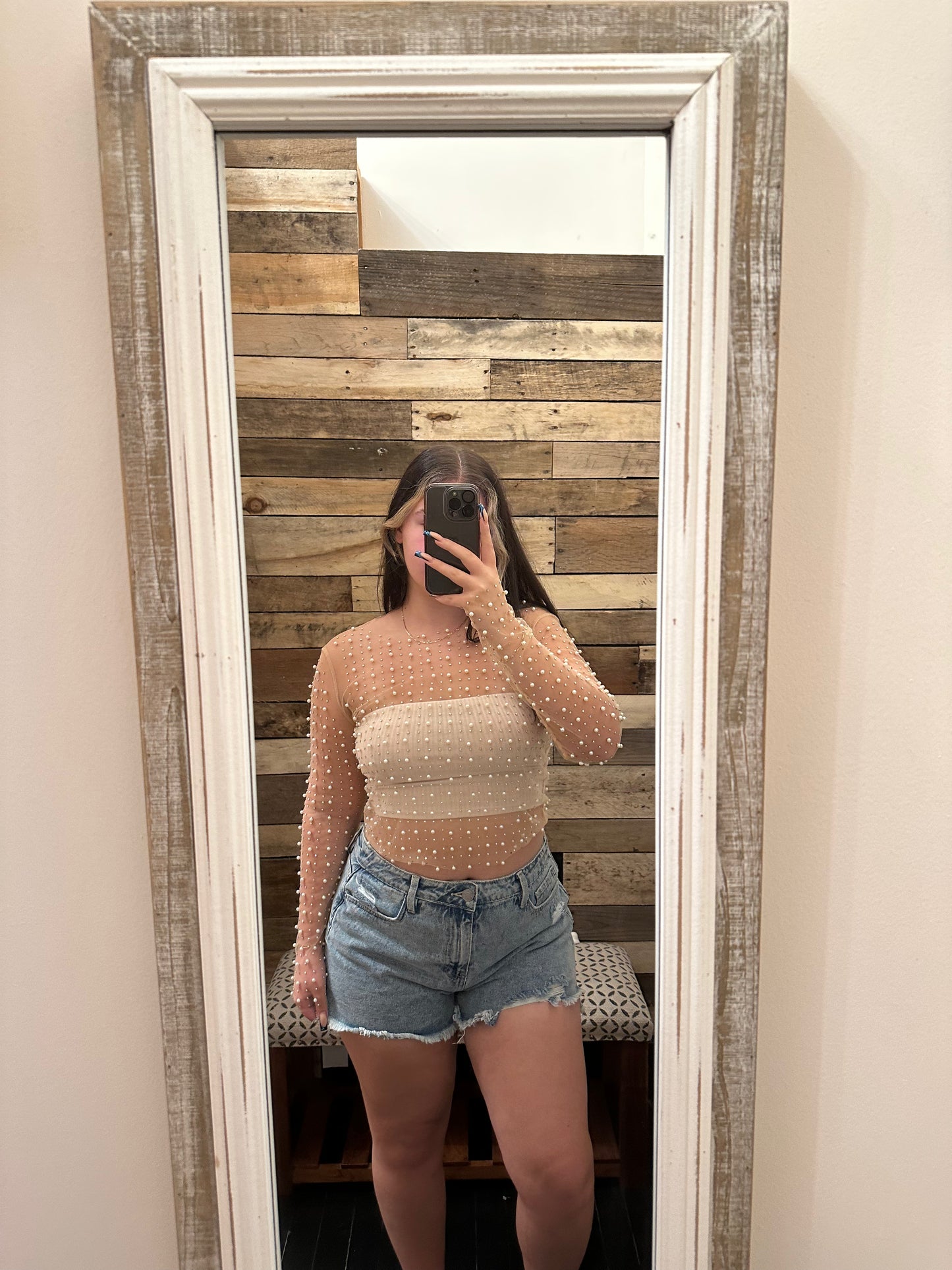 Pearl Beaded Mesh Top