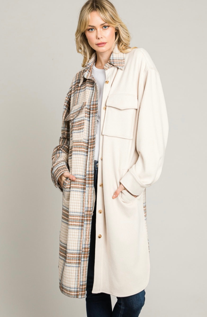 Soft Corduroy and Plaid Long Shacket