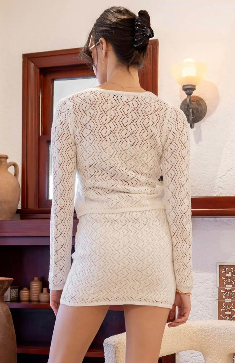Ivory Crochet Front Tie Cardigan