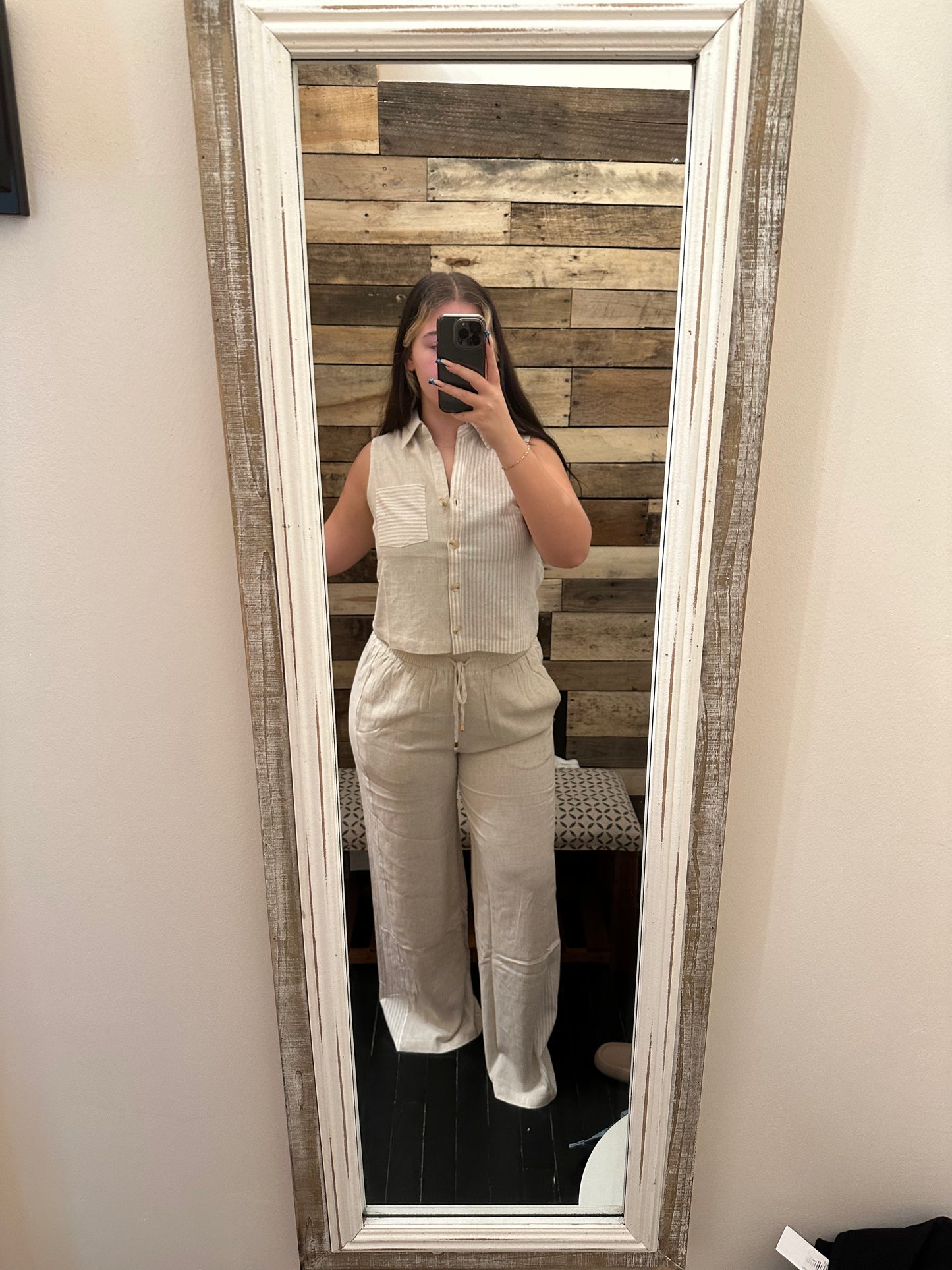 Colorblock Linen Blend Drawstring Pants