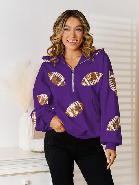 Sequin Football Patch Hal-Zip Hoodie