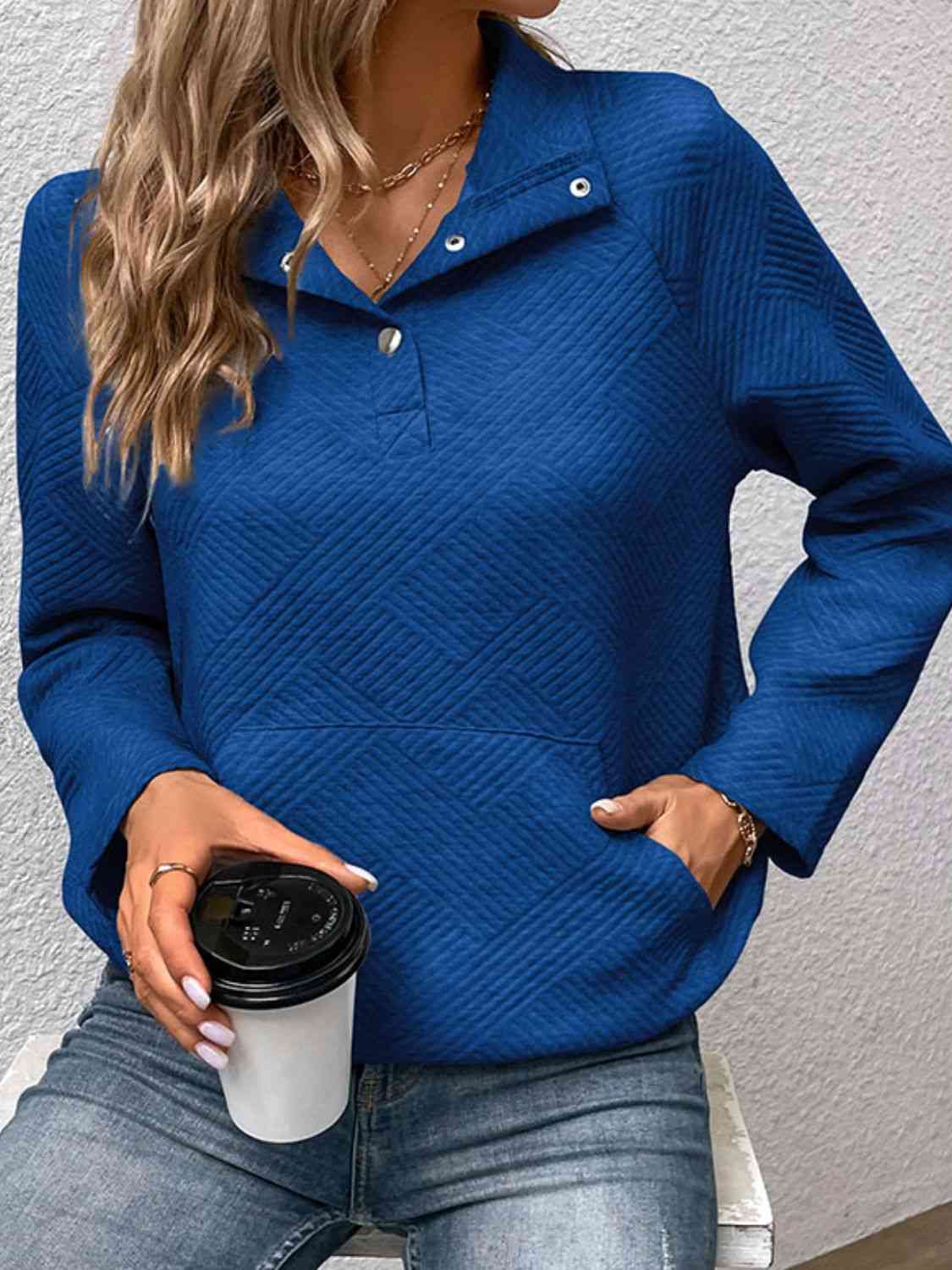Half Buttoned Collared Neck Sweatshirt with Pocket