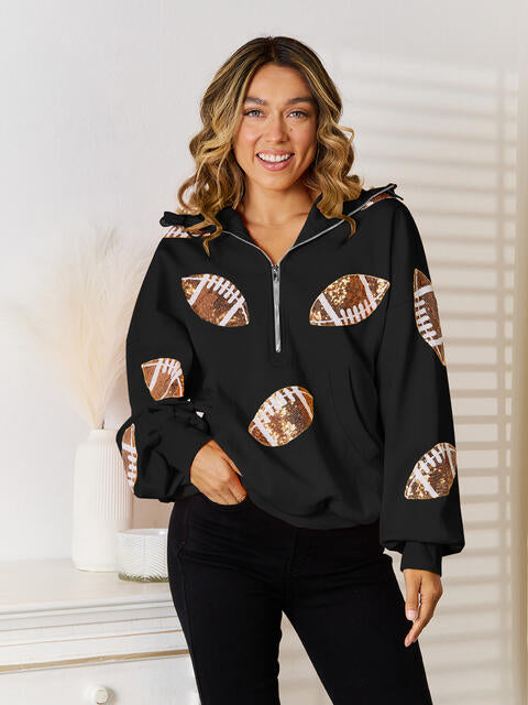 Sequin Football Patch Hal-Zip Hoodie