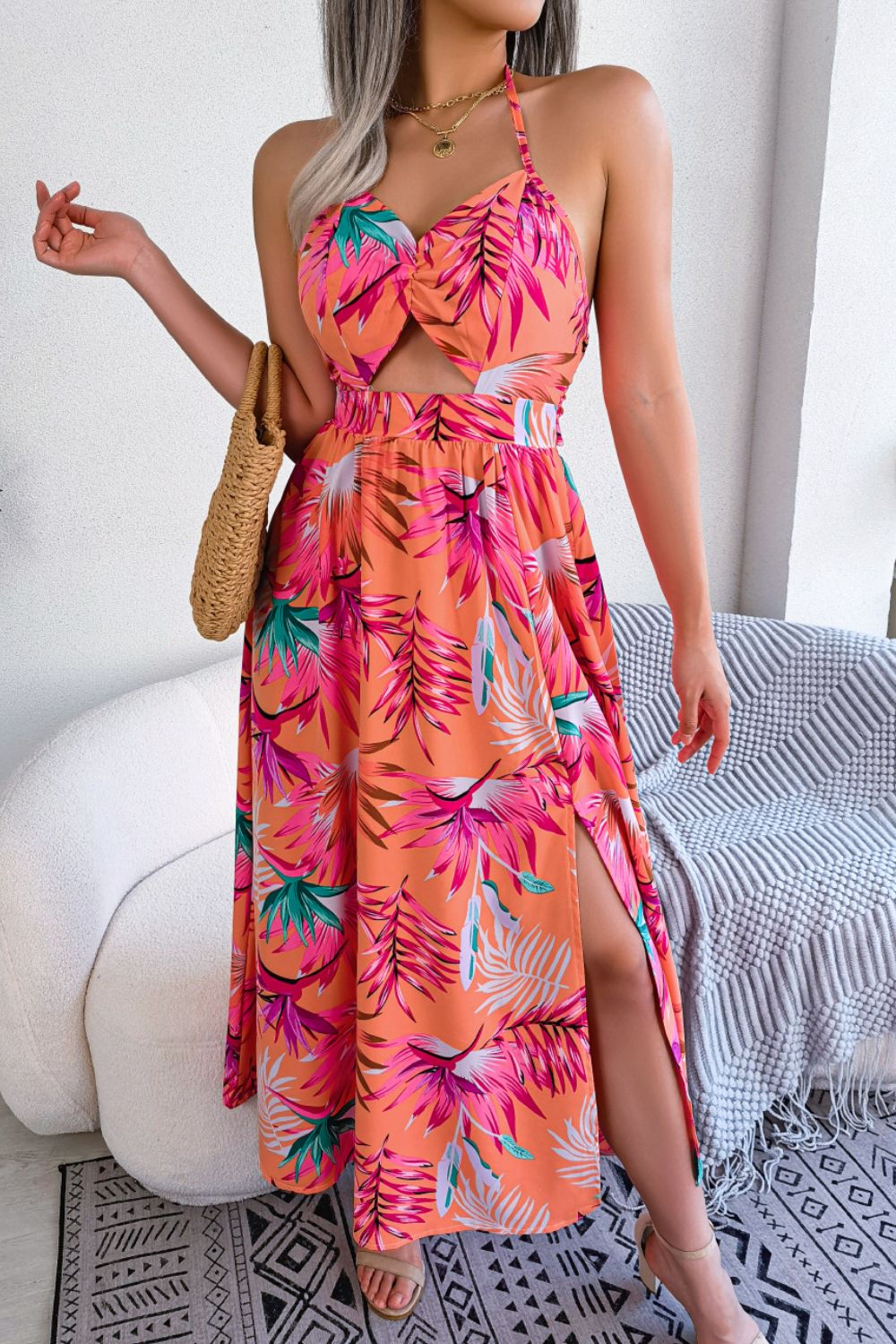 Botanical Print Tied Backless Cutout Slit Dress – Perfect Little Peach