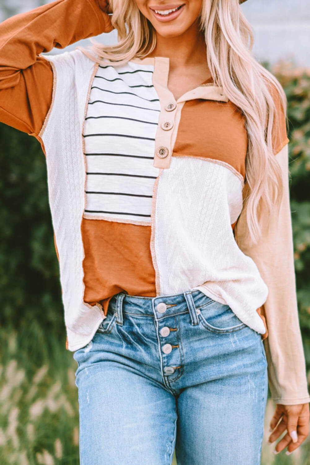 Striped Color Block Exposed Seam Henley Top
