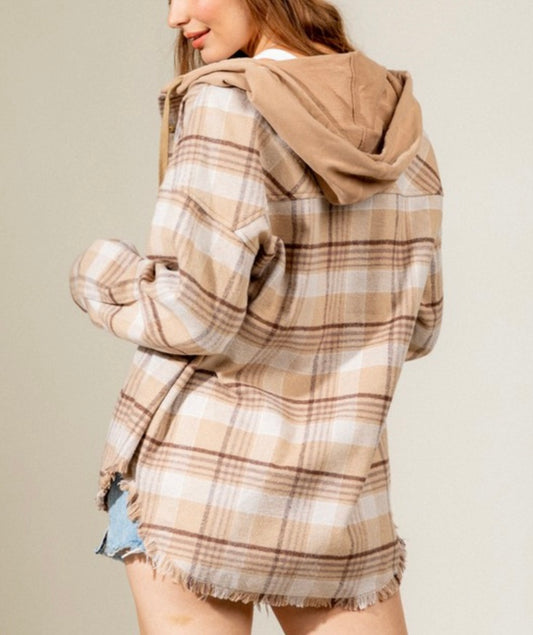 Plaid Hooded Frayed Hem Jacket