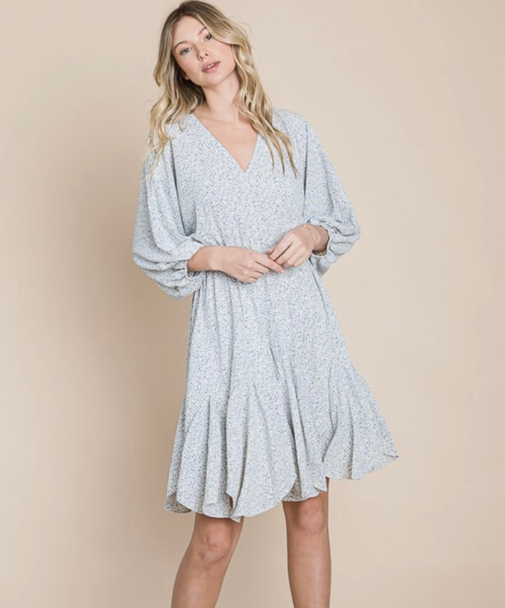 V Neck Balloon Sleeve Flare Dress