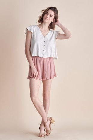 Natural linen sleeveless ruffle top