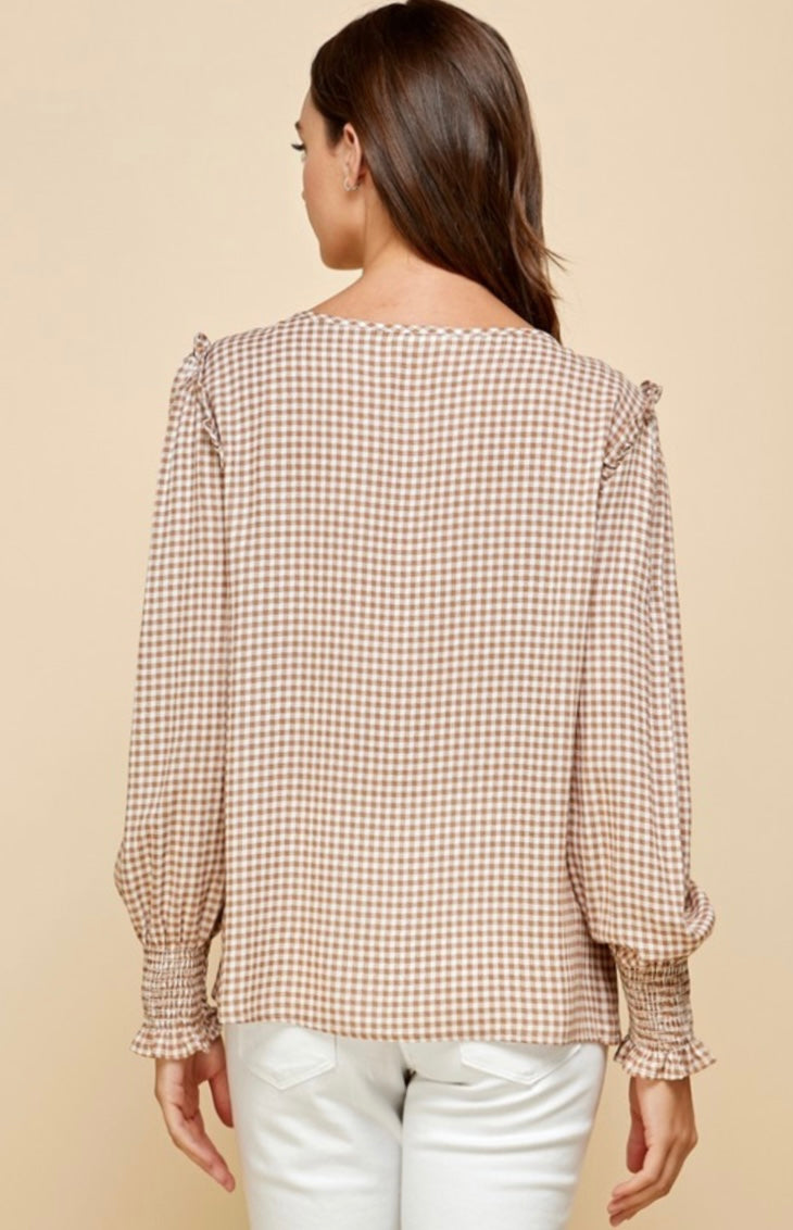 Smocked Sleeve Plaid Top