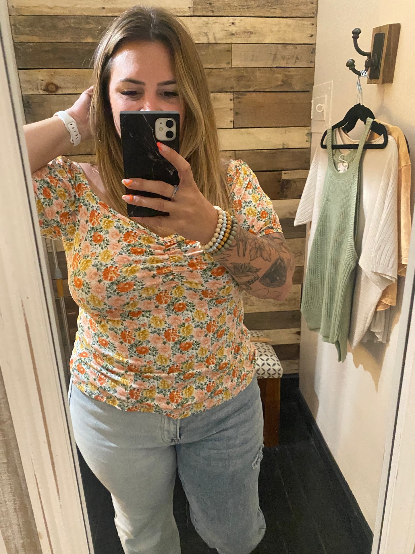 Flower print off the shoulder shirt