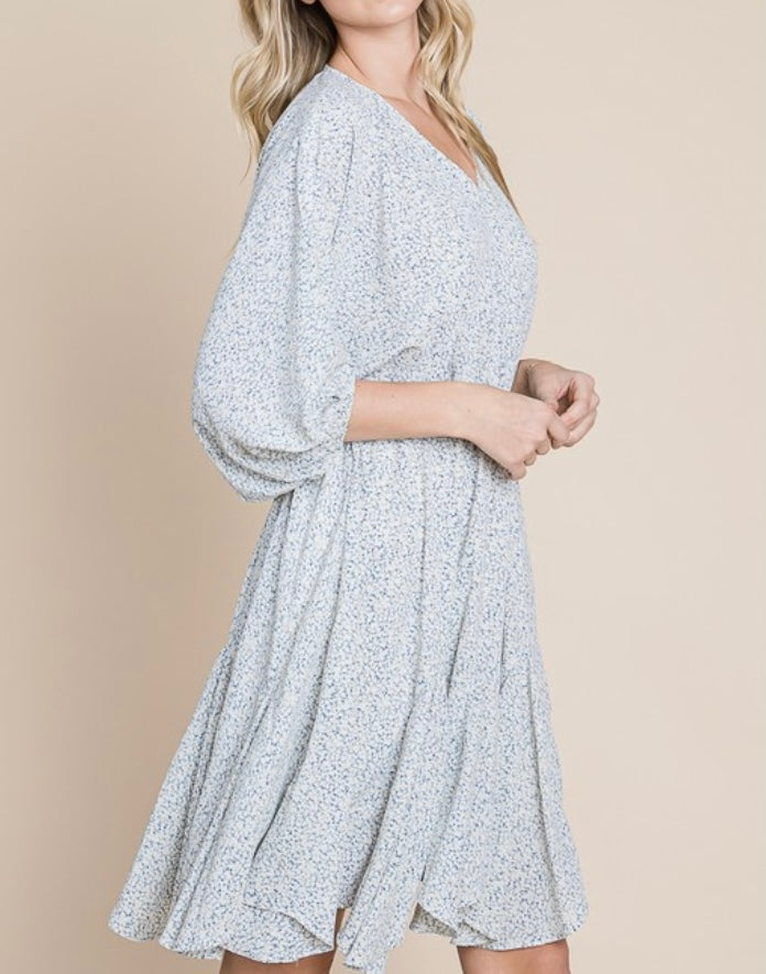 V Neck Balloon Sleeve Flare Dress