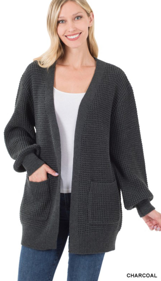 Open Knit Waffle Cardigan Sweater