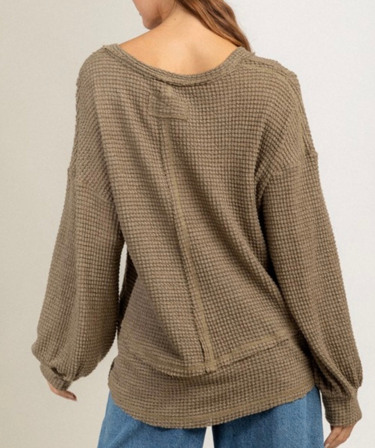 V-Neck Casual Waffle Knit Top