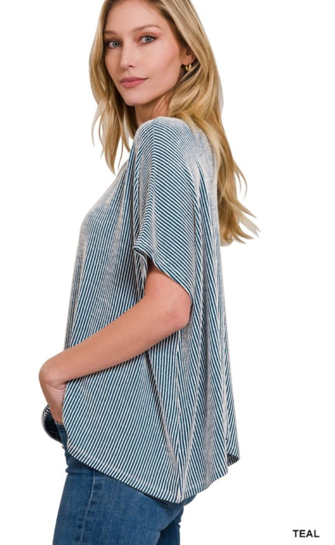 Ribbed Striped Oversized Short Sleeve Top