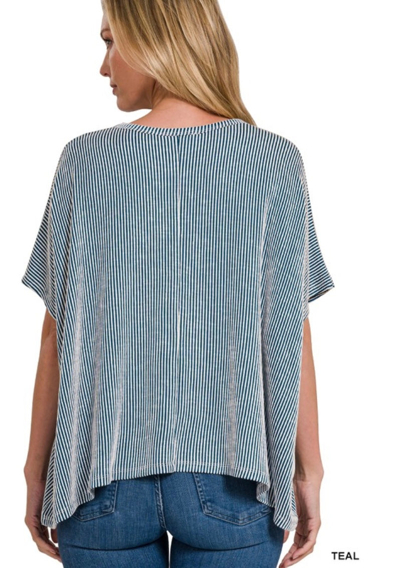 Ribbed Striped Oversized Short Sleeve Top