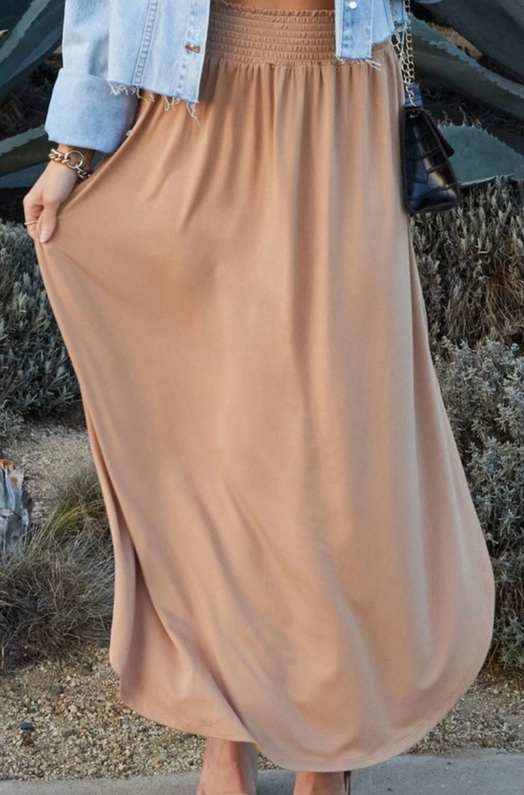 Smocking Waist Maxi Skirt with Side Pocket