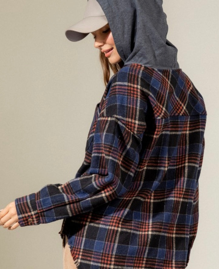 Plaid Hooded Frayed Hem Jacket