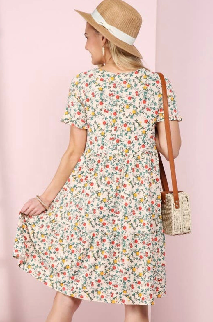 V-Neck Floral Button Down Ruffle Sleeve Dress