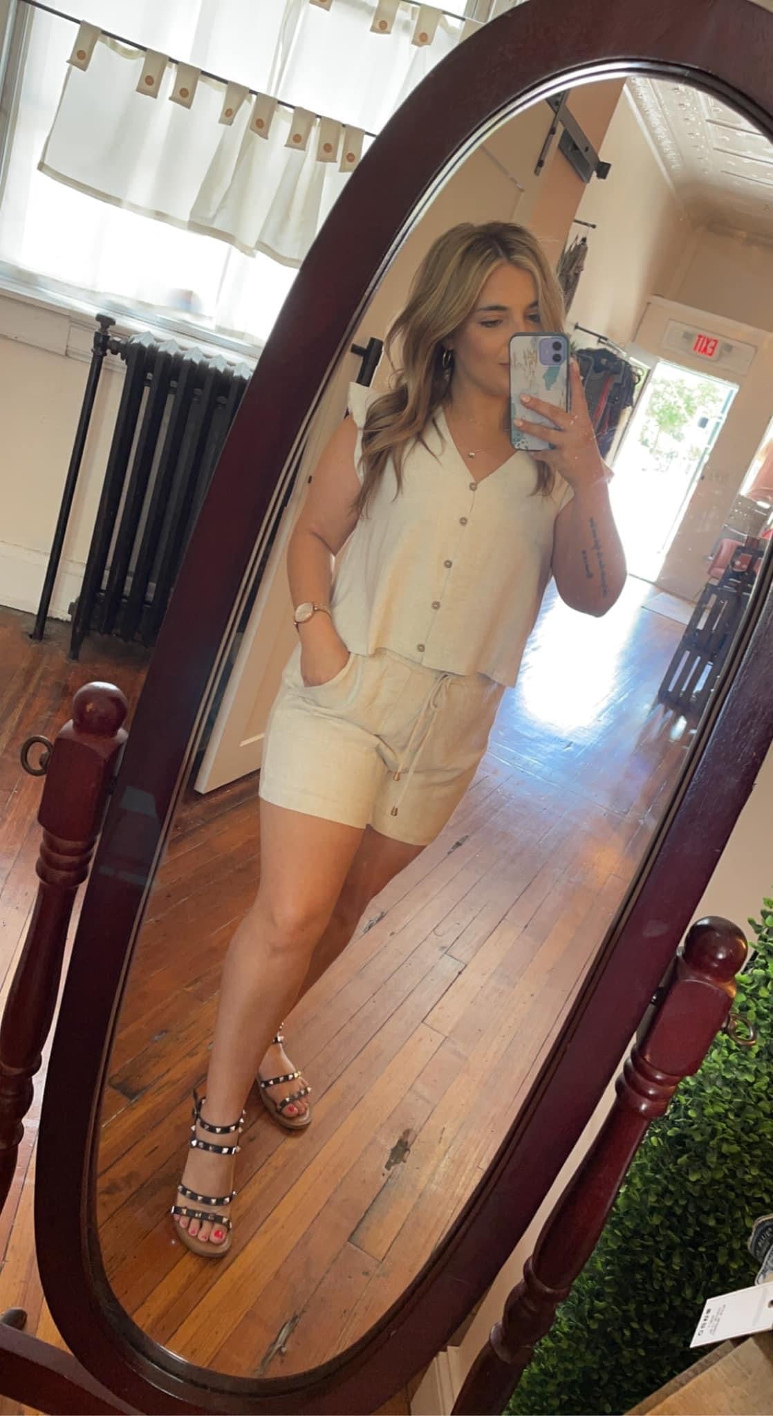 Natural linen sleeveless ruffle top