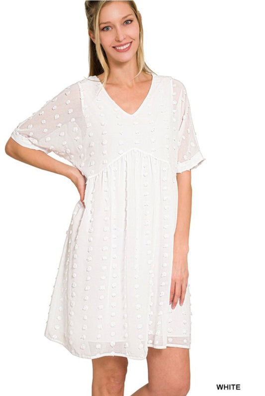 Swiss Dot Babydoll V-Neck Dress