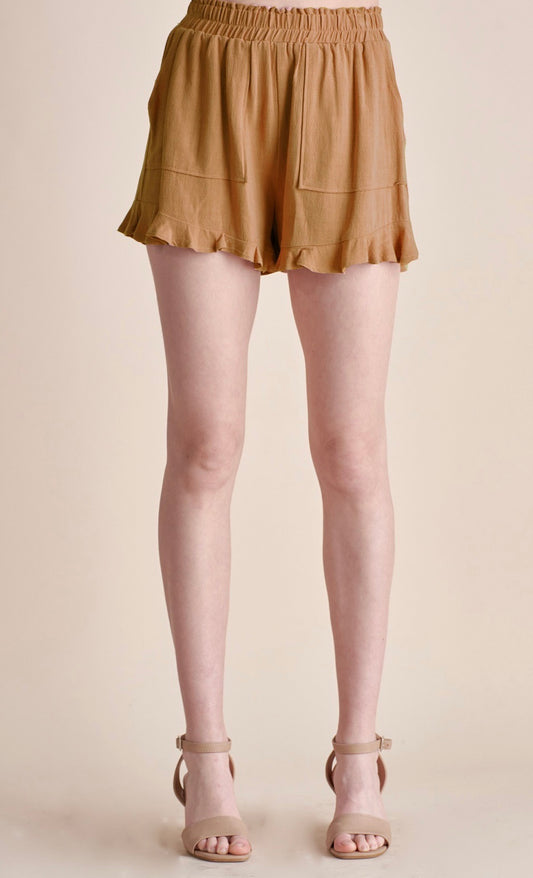 Linen Ruffle Elastic Waist Shorts