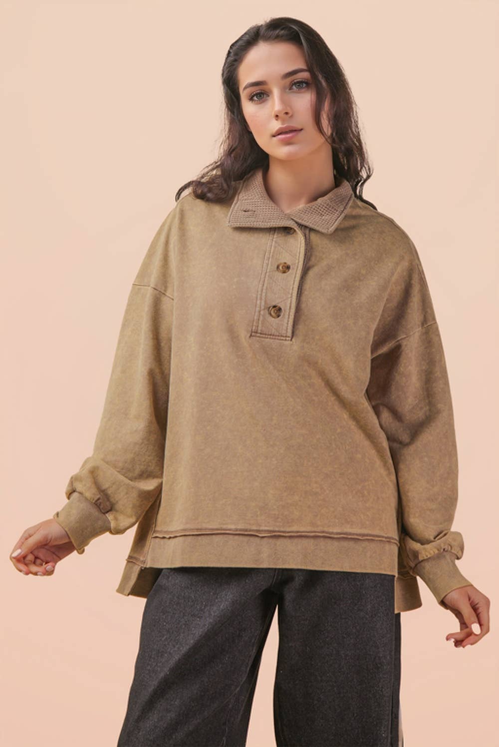 Mock Neck Mineral Washed Knit Causal Top
