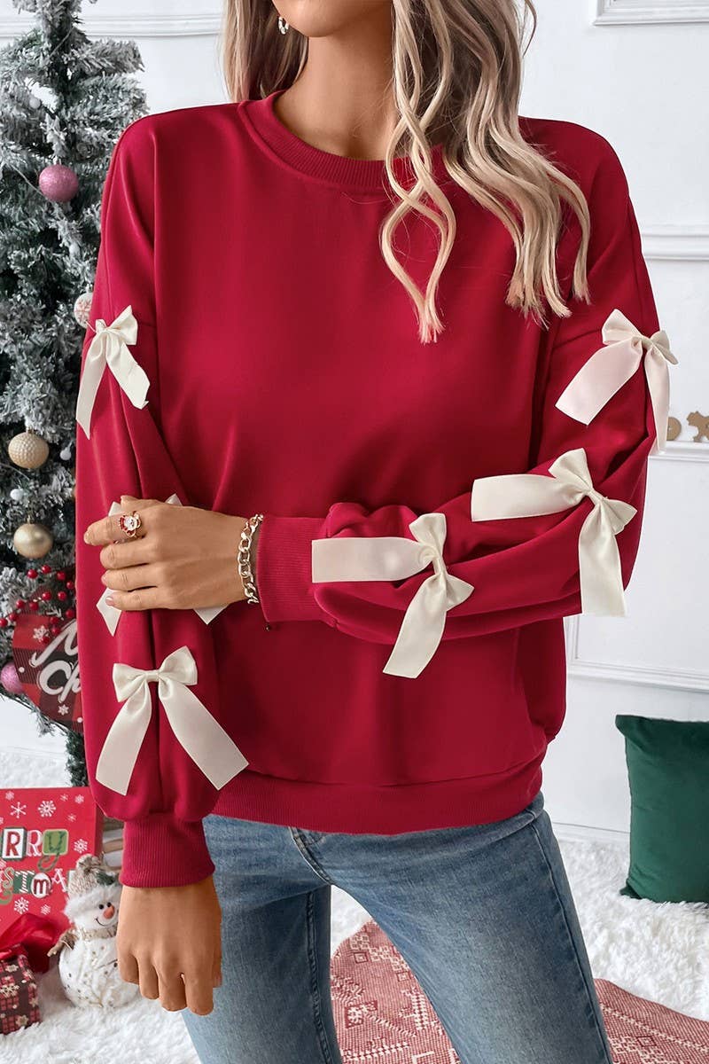 CWTBLL4035_RED BOW CREWNECK CHRISTMAS SWEATSHIRT