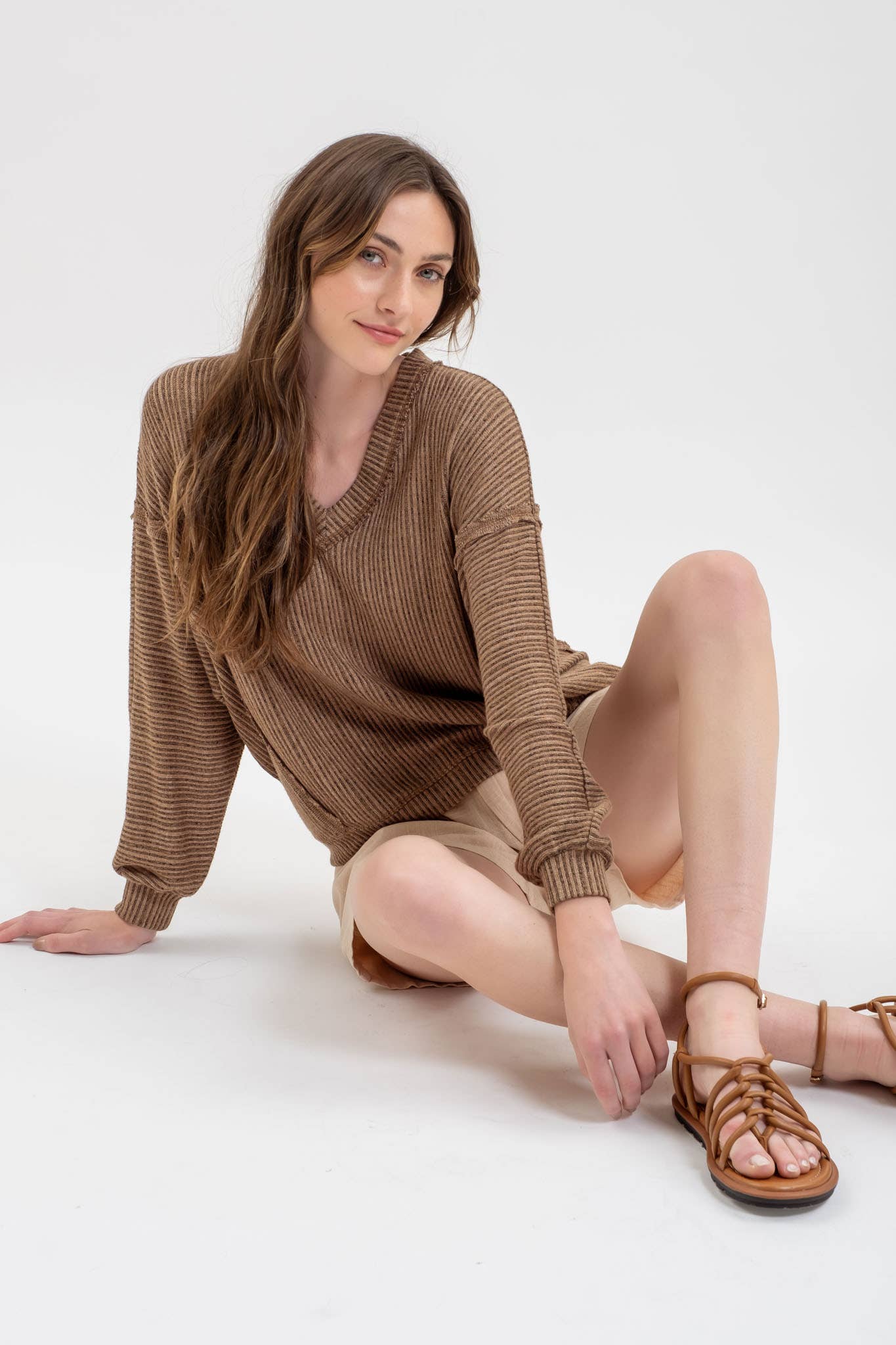 STRIPED DROP SHOULDER V NECK KNIT TOP