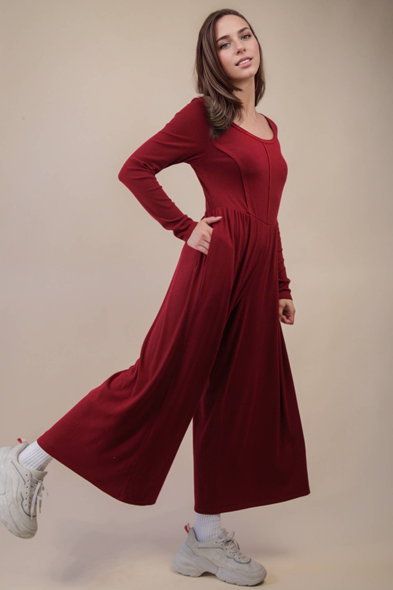 Wide Leg Solid Knit Casual Jumpsuit