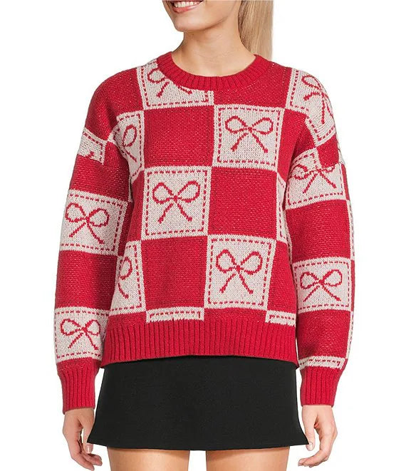 Checkered Bow crew neck knit sweater