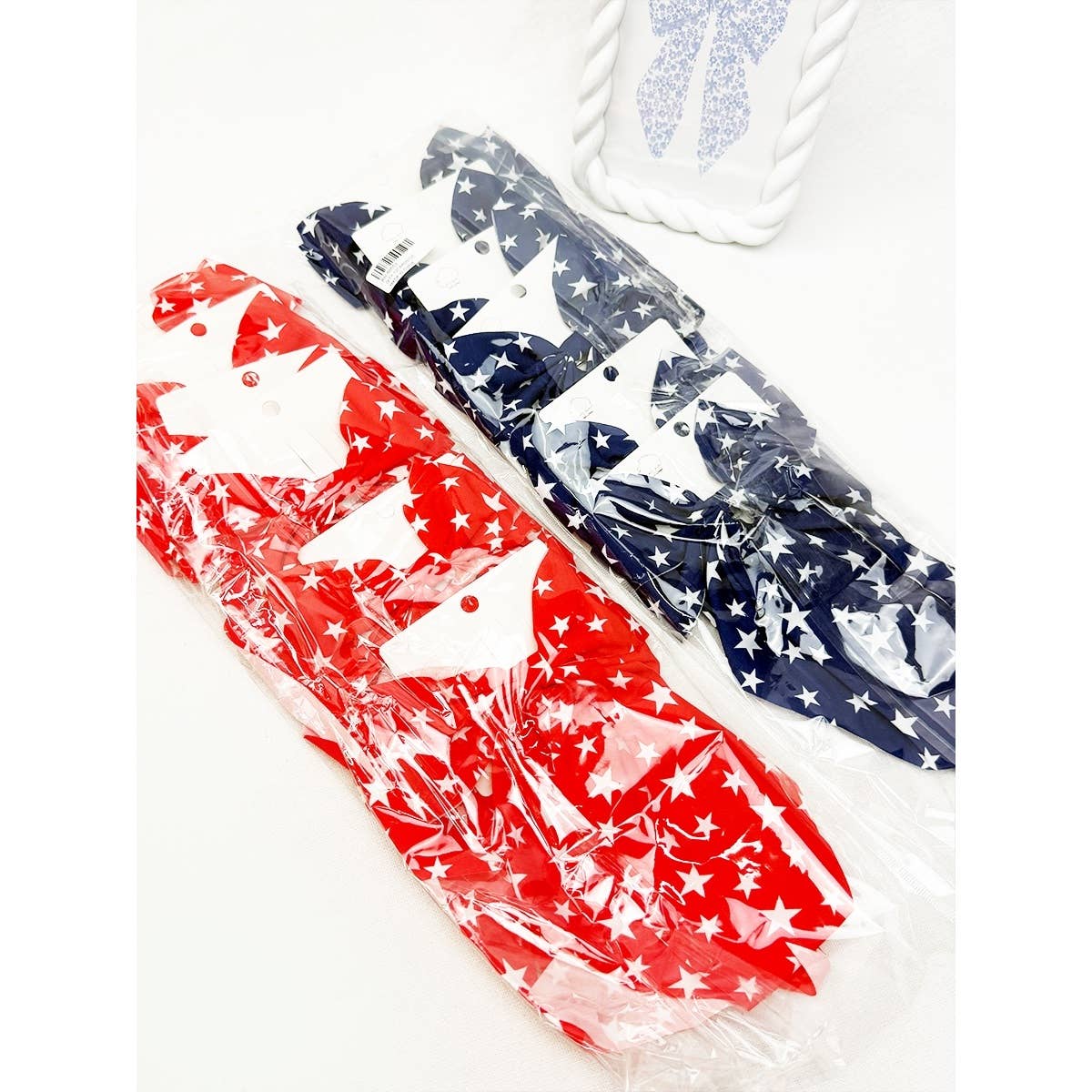 Blue and Red Star Long Tail Bow Hair Clip Set