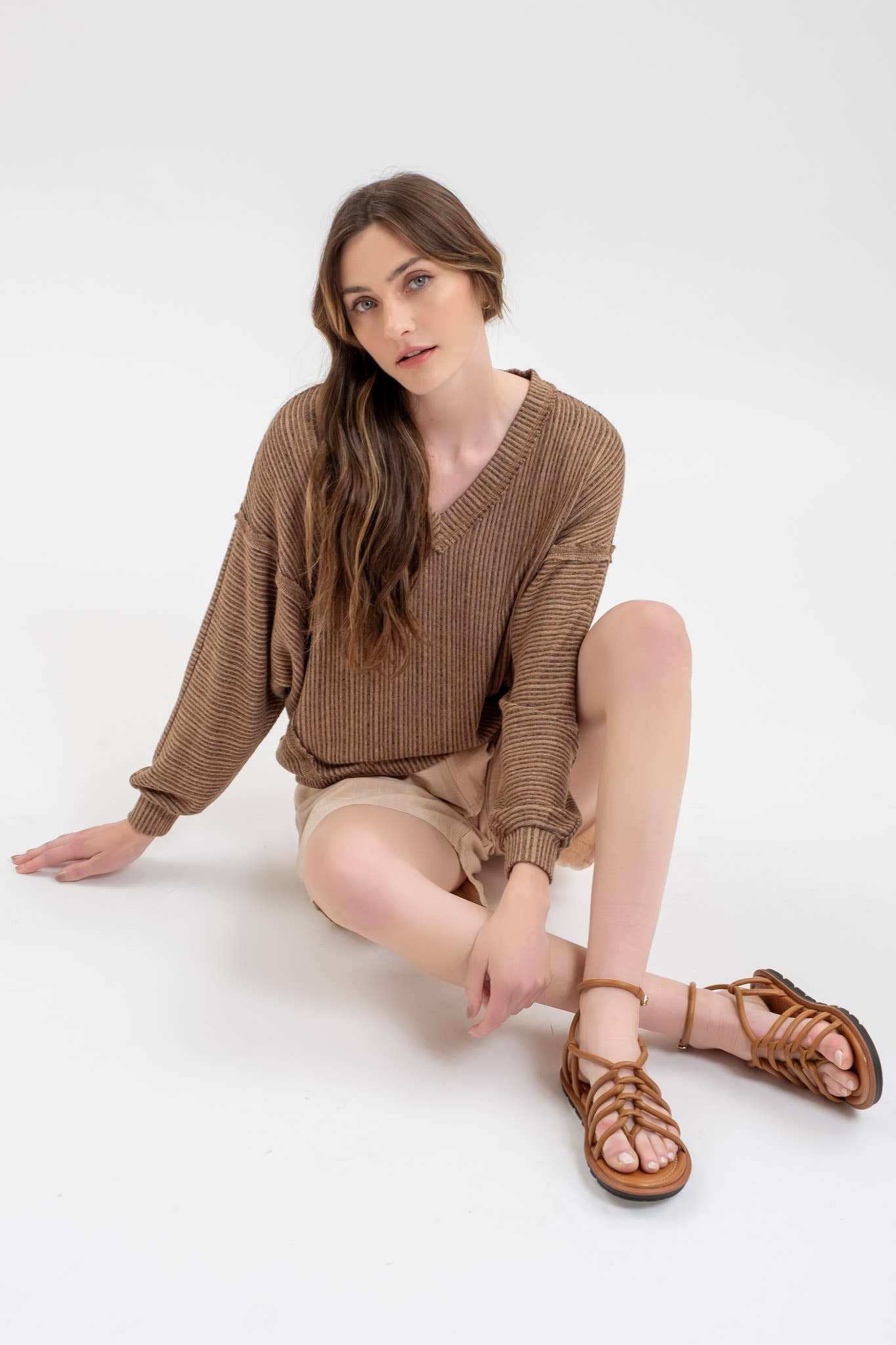 STRIPED DROP SHOULDER V NECK KNIT TOP