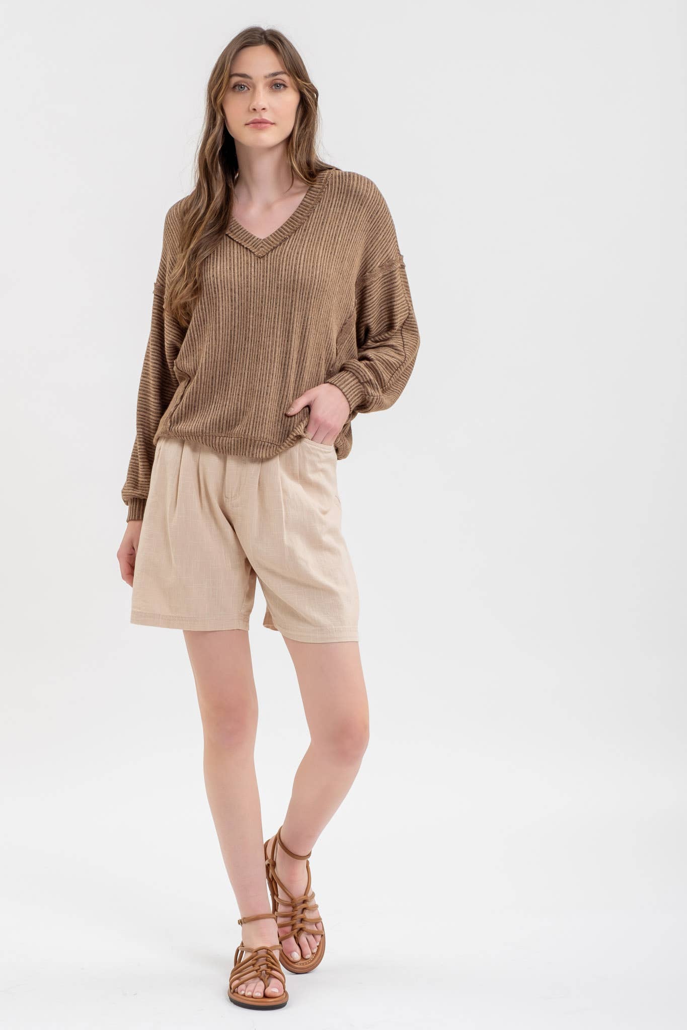 STRIPED DROP SHOULDER V NECK KNIT TOP
