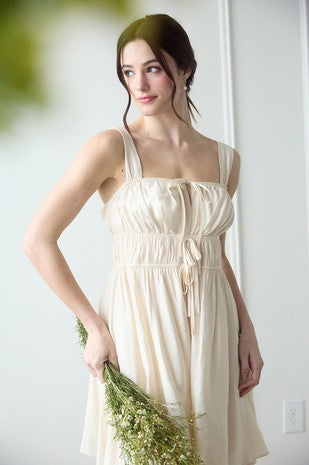 Front tie gathered waist sleeveless mini dress