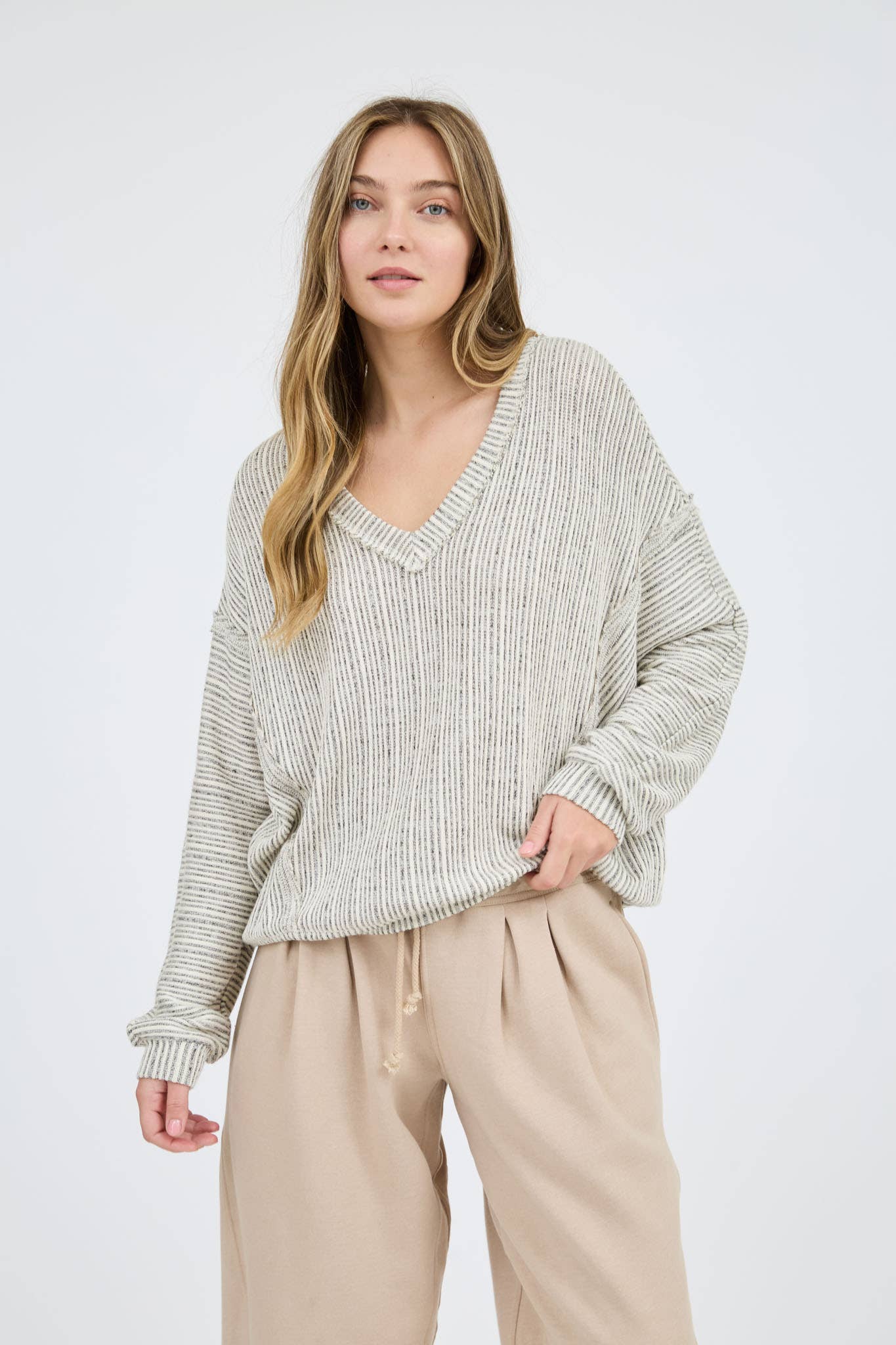 STRIPED DROP SHOULDER V NECK KNIT TOP