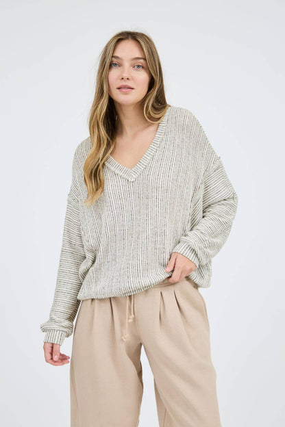 STRIPED DROP SHOULDER V NECK KNIT TOP