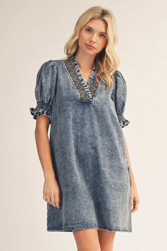 Denim embroidery dress