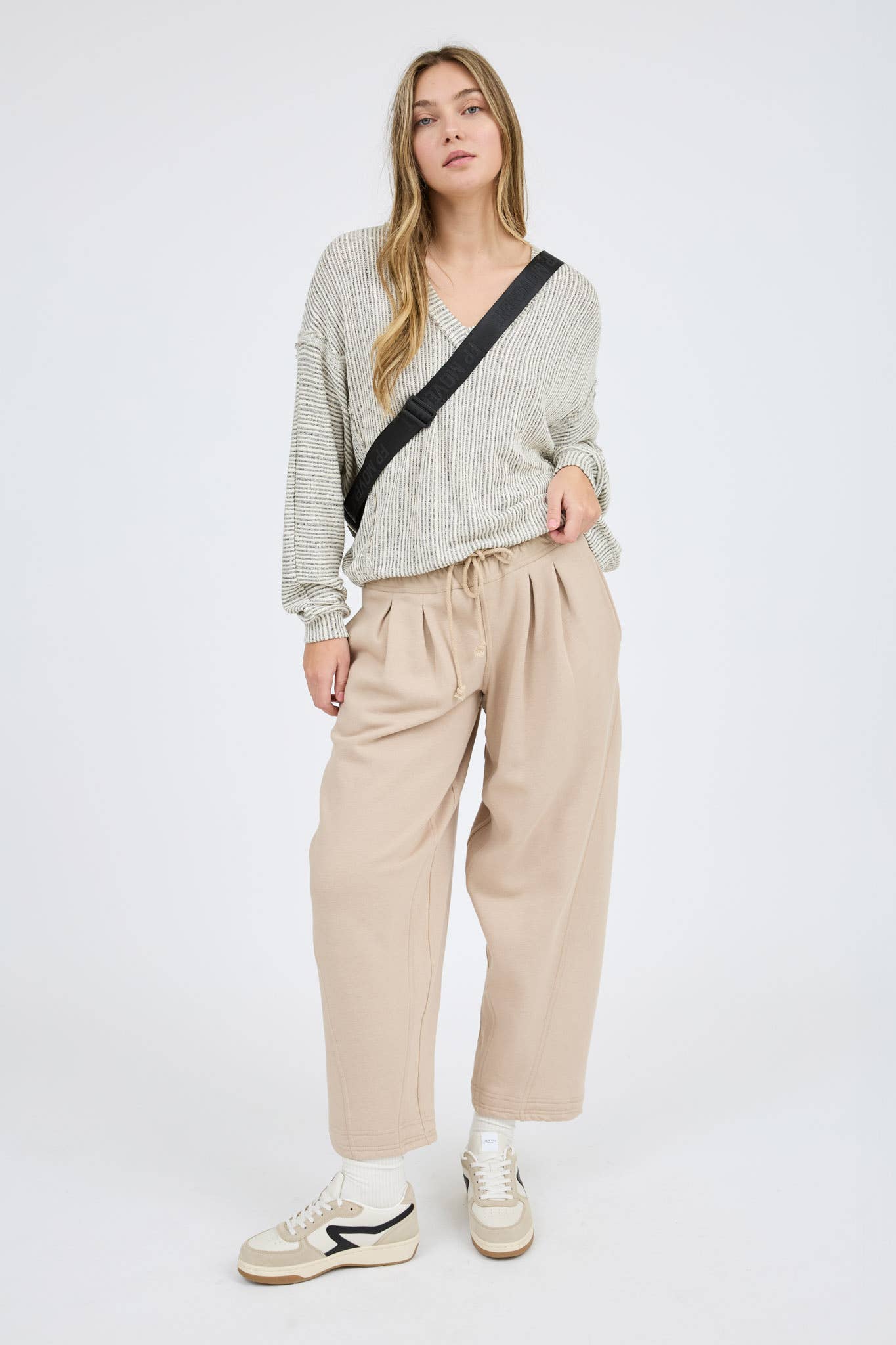 STRIPED DROP SHOULDER V NECK KNIT TOP